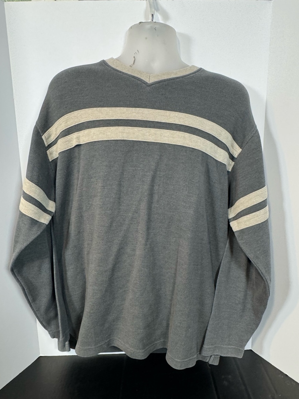 Vintage Bugle Boy Men's Charcoal Gray V-Neck Sweater with Cream Stripes